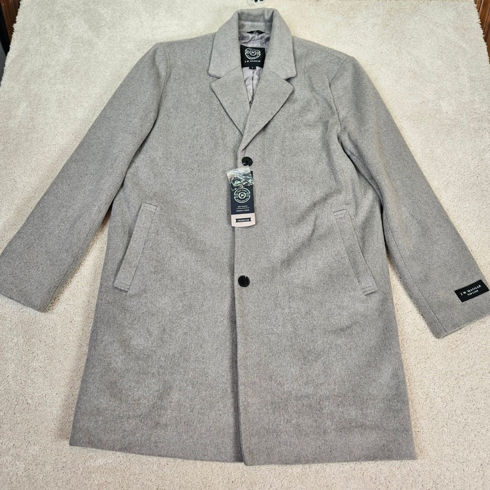 NWTs J.M. Haggar Men's Grey Wool Blend Top Coat L Premium Quilted Lined Overcoat